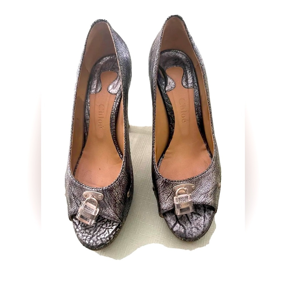 Authentic Chloe heels antique metallic size 38.5 EU ~ 7.5 to 8 US with padlocks